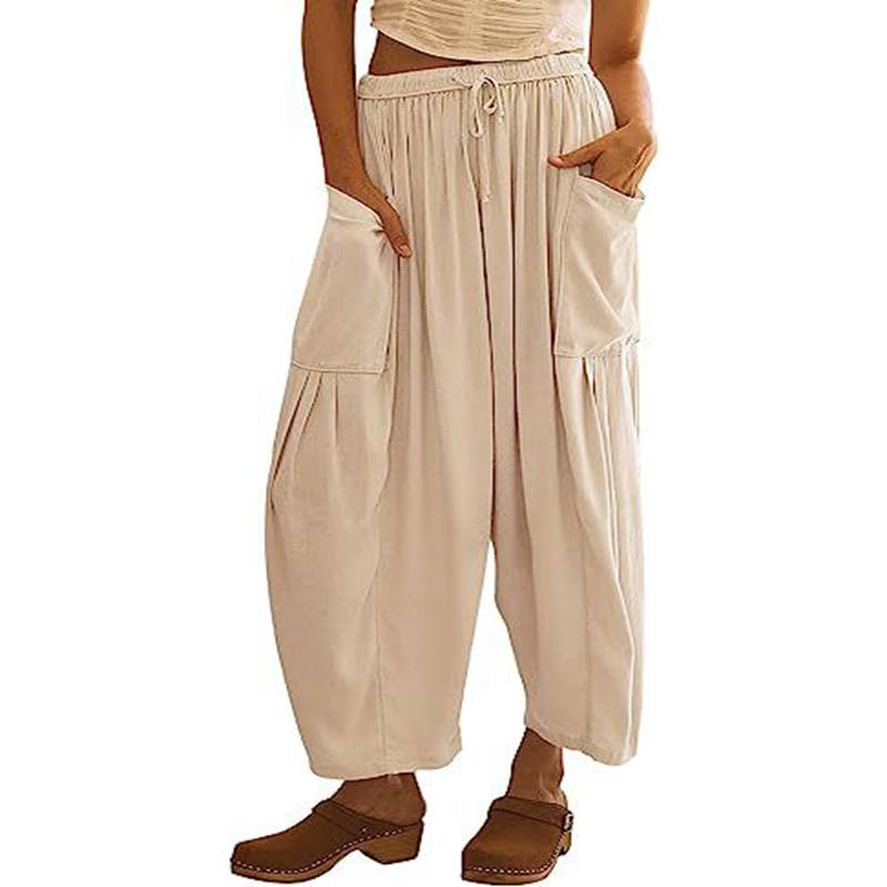 

Summer Women s Casual Loose Fold Pants Beach Wide Leg Elastic Waist Cotton Linen Flared Palazzo Pants L абрикосовый