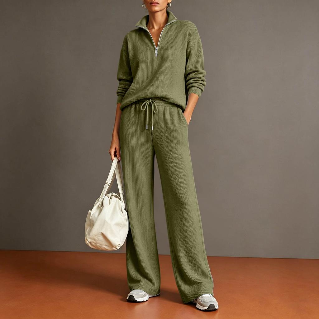 Women's Casual Half Zip Pullover Sweater and Wide Leg Pants Two Piece Set Lightweight Knit Loungewear Tracksuit for Everyday Wear