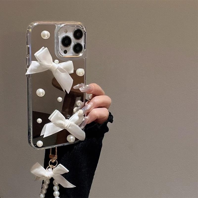 For IPhone16pro Mobile Phone Case for Apple 17pro Mirror High-end 15 Pearl Bow 15 Hand Chain
