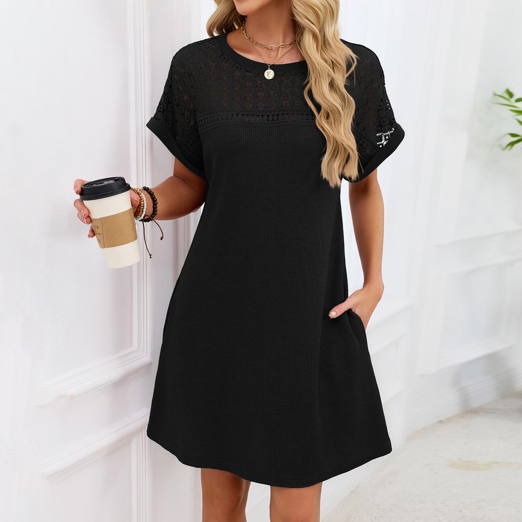 Damen Modisches Farbblock Rundhals Spitzen-Patchwork Locker Kurzärmeliges Kleid