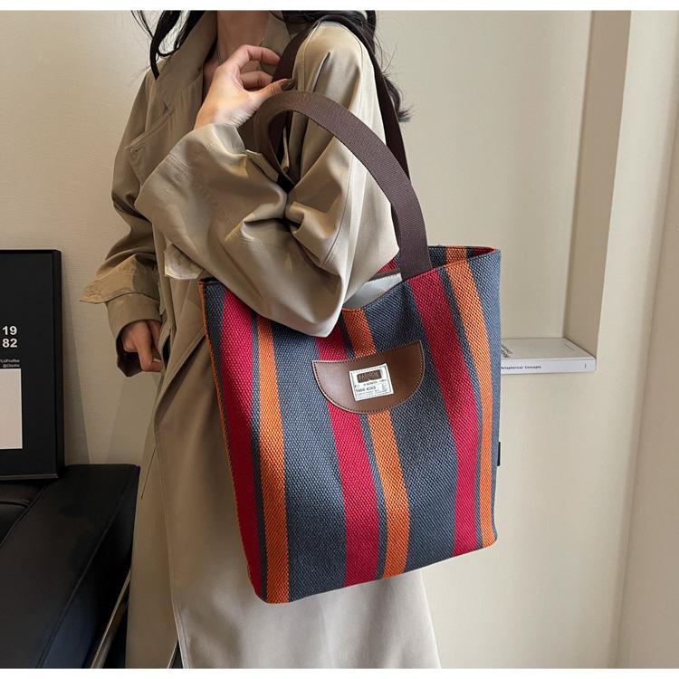 Striped Canvas Bag Women's New Summer Casual Lightweight Shoulder Bag Large Capacity Tote Bag Shopping Bag