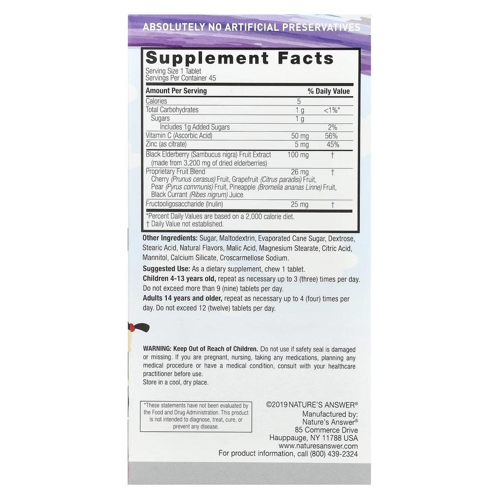 Nature's Answer Sambucus Chewable Tablets for Children, with Black Elderberry, Vitamin C and Zinc, 45 Tablets