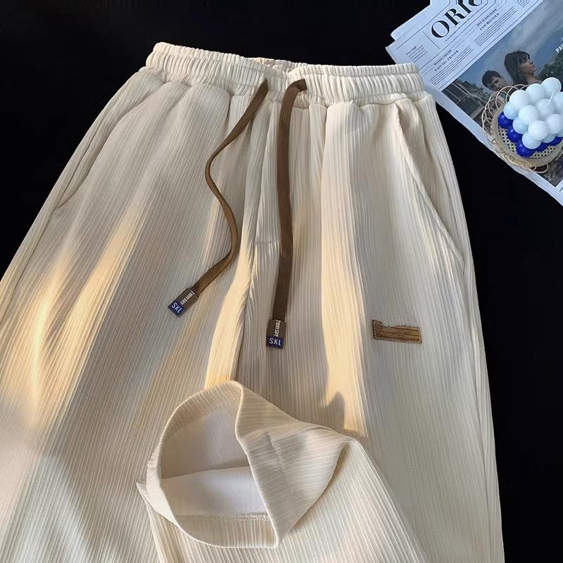 Summer Pleated Loose Plus Size Floor-Length Textured Trousers: Slimming, Straight-Leg, Lazy Style