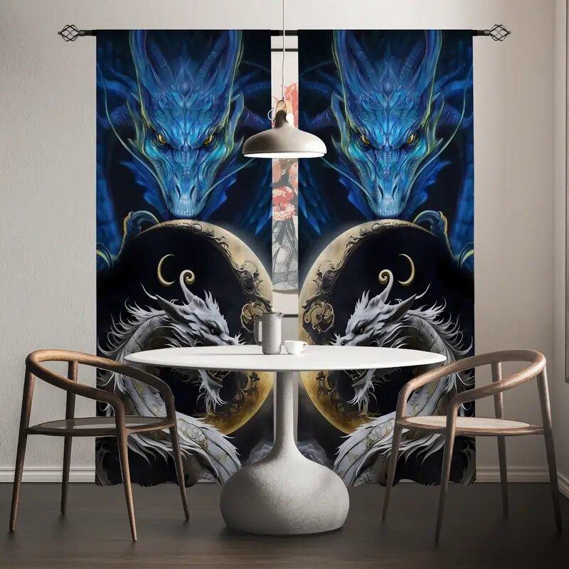Dragon Crescent Moon Printed Curtains Pole Bag Bedroom Living Room Home Decoration Curtain For Sitting Made Of Polyester