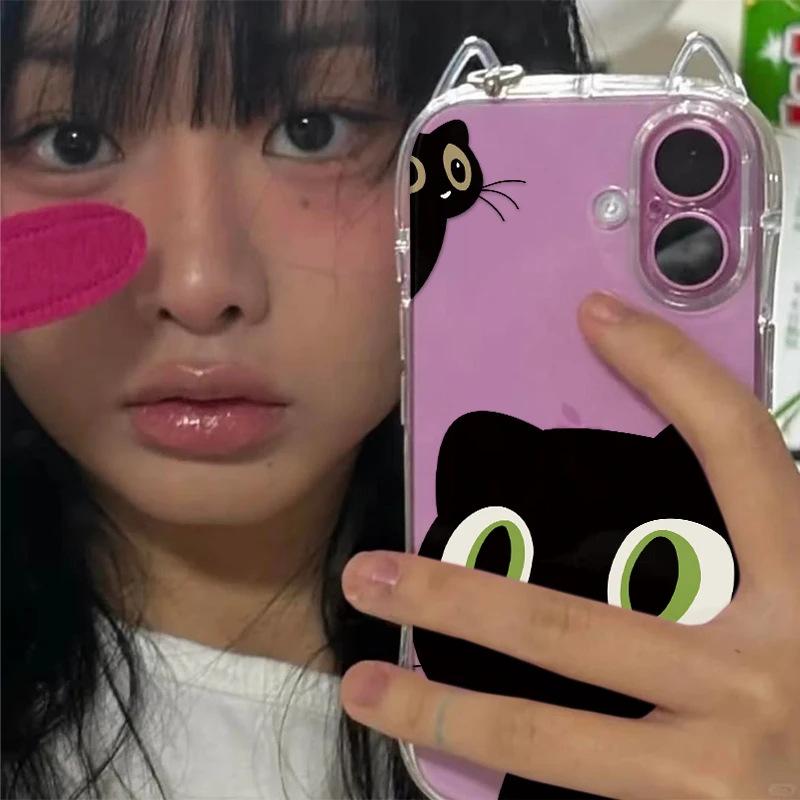 Cute Big-eyed Black Cat iPhone17Promax Mobile Phone Case Is Suitable for Apple Air Transparent 16/15 Women's 14 Anti-drop.