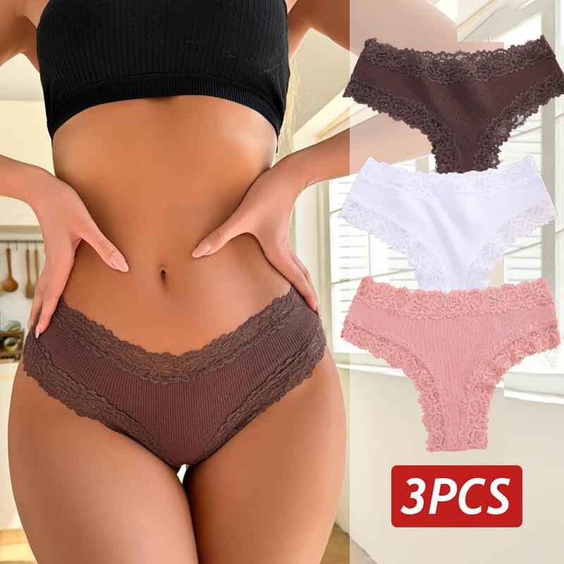 3PCS/Set Sexy Lace Panties for Women Cotton Brazilian Panties Female Low Rise Breathable Underwear Solid Colors Floral Lingerie