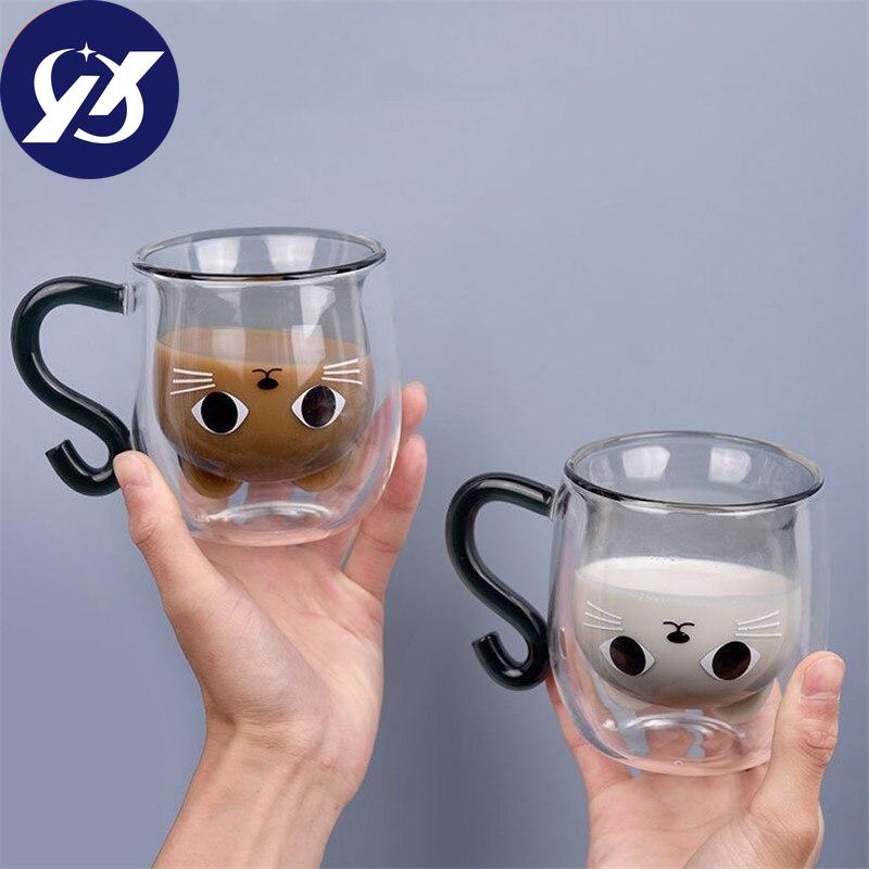 Double Wall Glass Milk Juice Cup Creative Cute Cat Shape Coffee Mug Cartoon Couple Teacup with Cover Household Office Drinkware