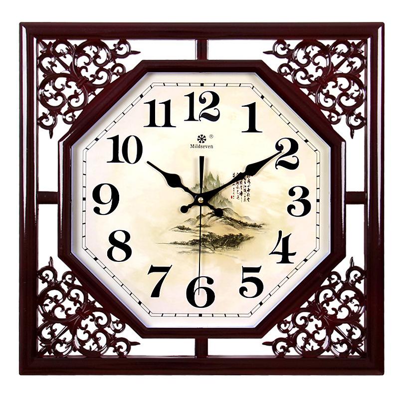 Chinese Style Wall Clock Living Room Square Retro Creative New Chinese Style Household Electronic Quartz Clock Calendar Clock Wall Watch