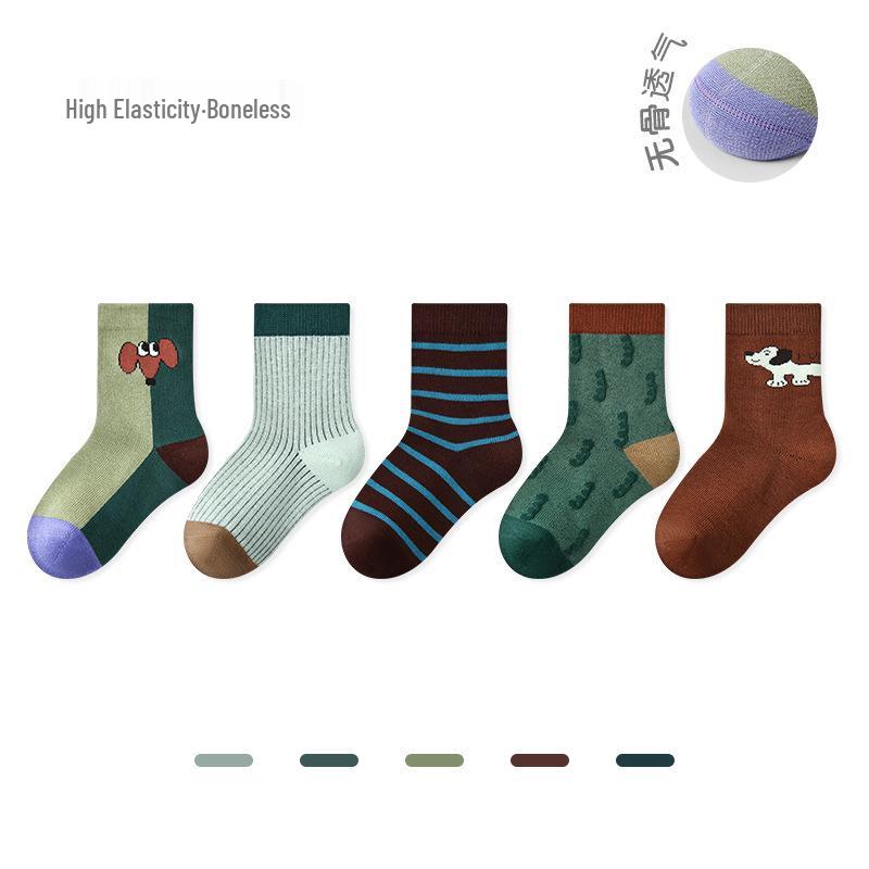 Children's Cartoon Animal Cotton Socks - 2025 Autumn/Winter Collection, Seamless Color Block Sporty Style for Boys