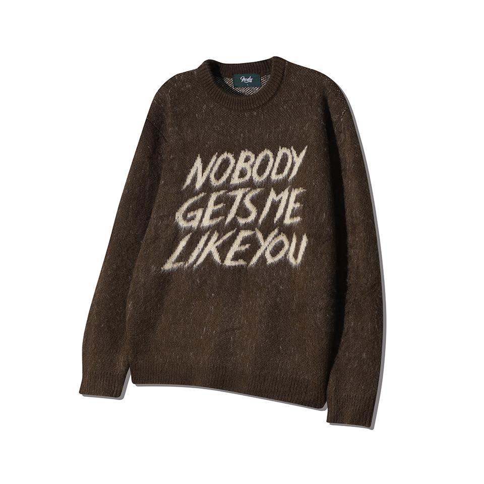 NODU Brushed Lettering Jacquard Round Hairy Knit [Brown]