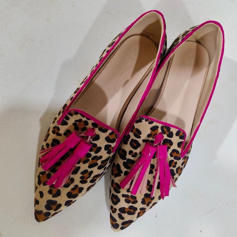 Seasonal new low-heeled pointed cow pattern fringed casual shoes