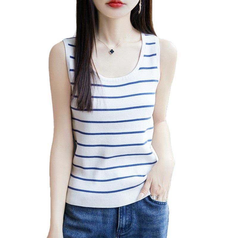 2025 Summer Women's Pure Cotton Striped U-neck Knitted Tank Top