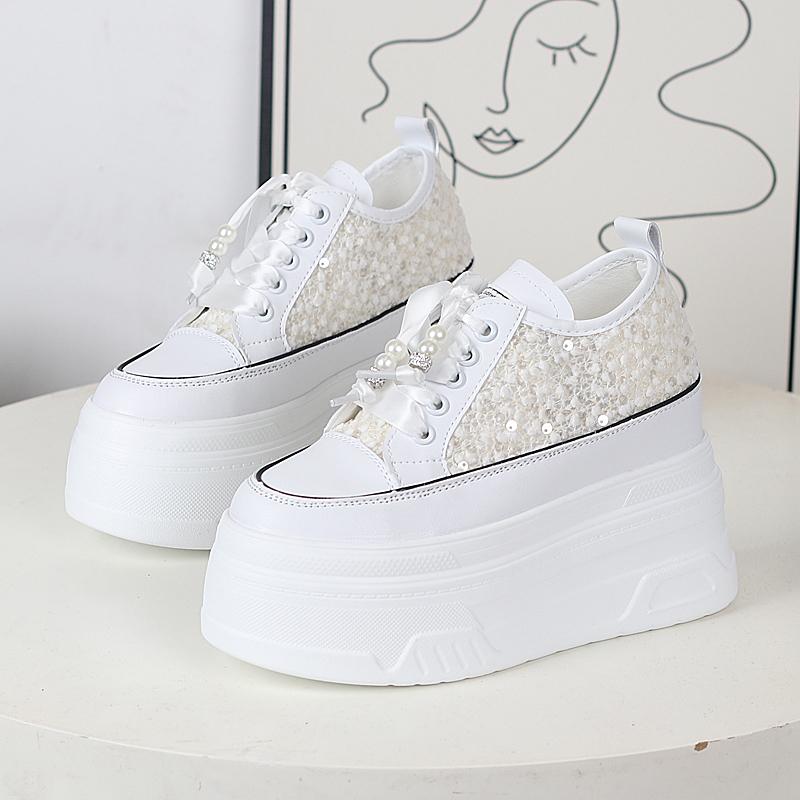 Fashion 12CM Air Mesh Synthetic Microfiber Chunky Sneaker Bling Leather Comfy High Brand Summer Platform Wedge Casual Flat Shoes