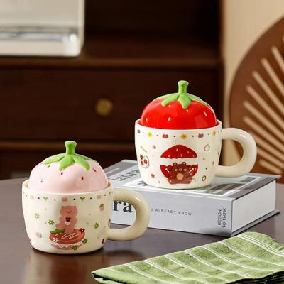 Strawberry Bear Ceramic Cup with Lid for Girls Gifts for Home Use Water Cup Mug High Looking Couple Milk Breakfast Cup