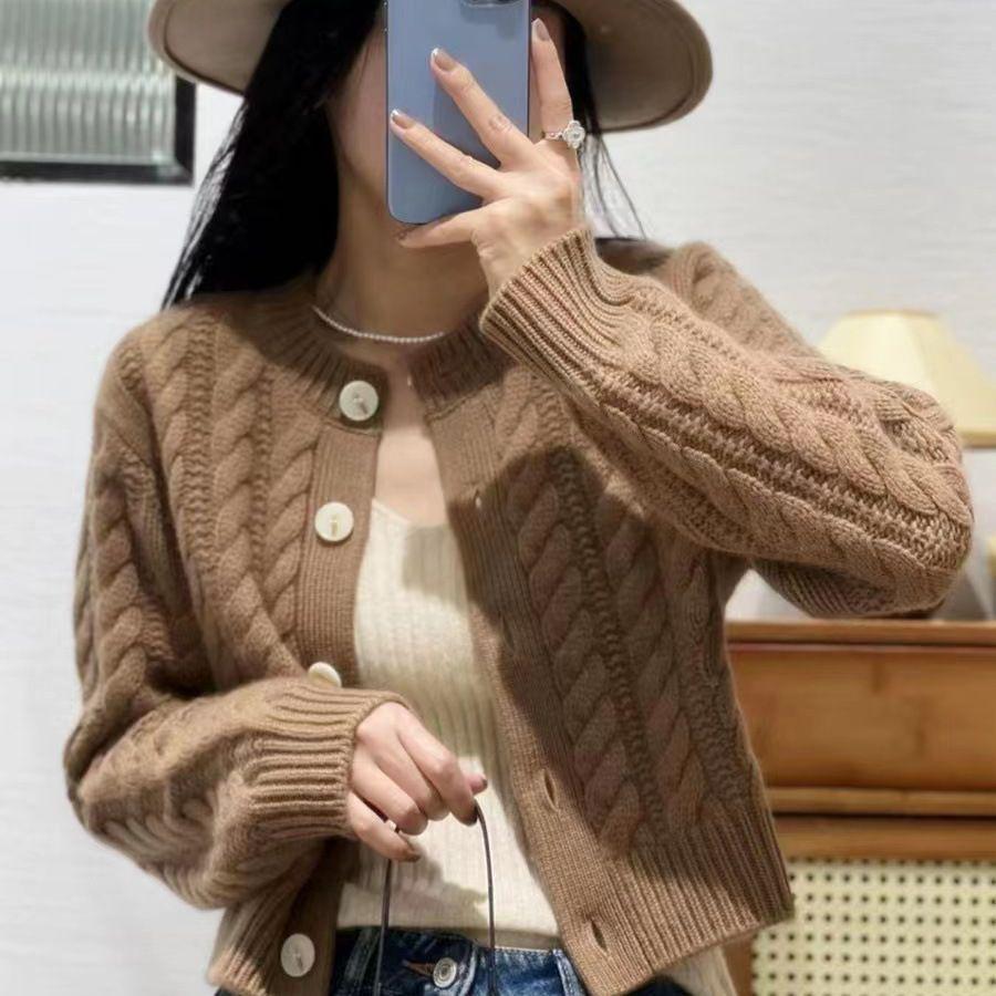 Women's Autumn Wool Cardigan - Round Neck Twist Knit Sweater, Solid Color Loose Fit