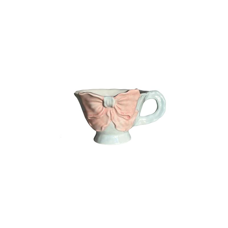 1Pc 180ml Hand-Painted Bowknot Ceramic Coffee Cup, Hand-Pressed Flat Handle Mug, Suitable for Coffee Shop Latte Hand-Ground Coffee Cup, 101-200ml