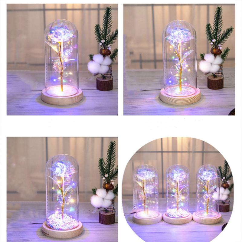 Glass  Dome  Cover  Roses  Ornaments Colorful Bendable Led Light Bar Valentine Day Creative Gift