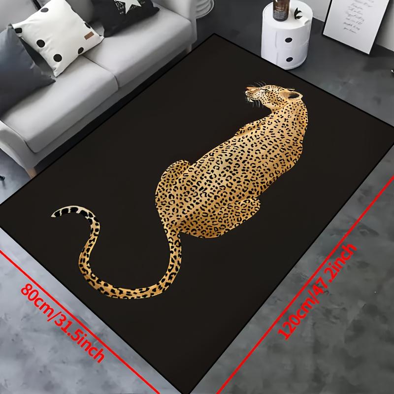 1pc Leopard Print Area Mat-Machine Washable, Decorative Carpet with Black Background and Gold Leopard Design