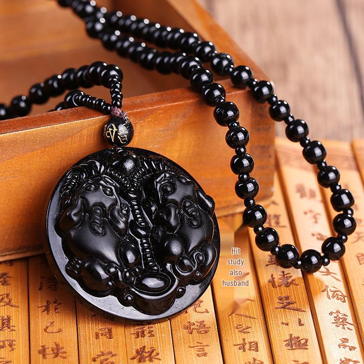 Men's Domineering Pixiu & Dragon Necklace with Guan Yu Pendant - Imitation Obsidian Couples Gift