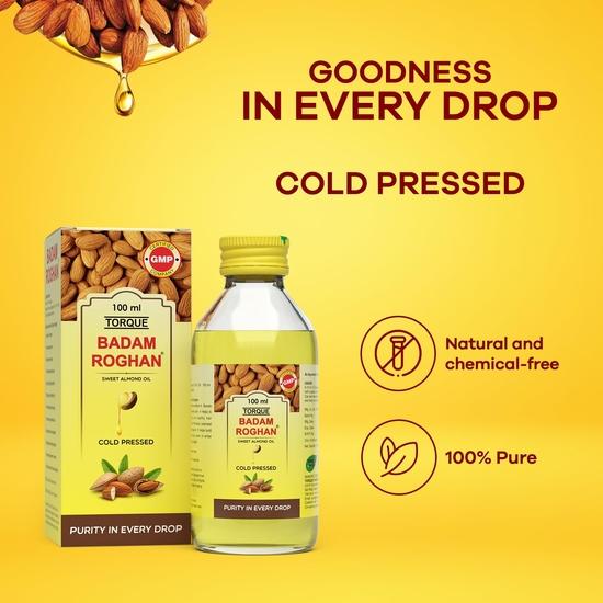 Torque Badam Rogan Oil | 100% Pure, Cold Pressed & Sweet Almond Oil | For Glowing Skin & Hair Growth | Natural Almond Oil 100ml (Pack Of 2)