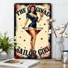 Vintage Sailor Girl Tin Sign Wall Art with Martini Retro Nautical Decor