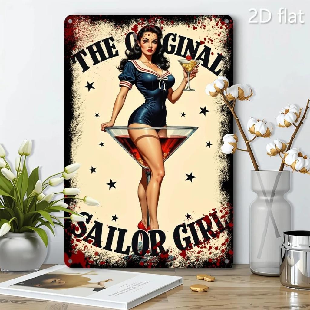 Vintage Sailor Girl Tin Sign Wall Art with Martini Retro Nautical Decor