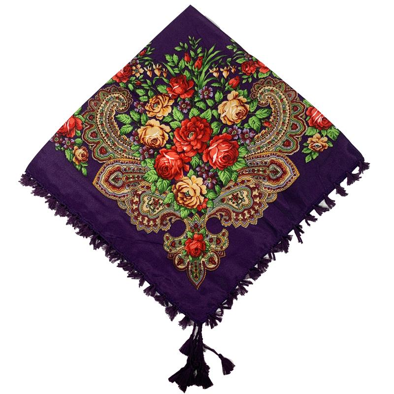 90*90cm Short Tassel Floral Print Russian Square Scarf Women Luxury Flower Printed Bandana Shawl Ukrainian Babushka Head Wraps