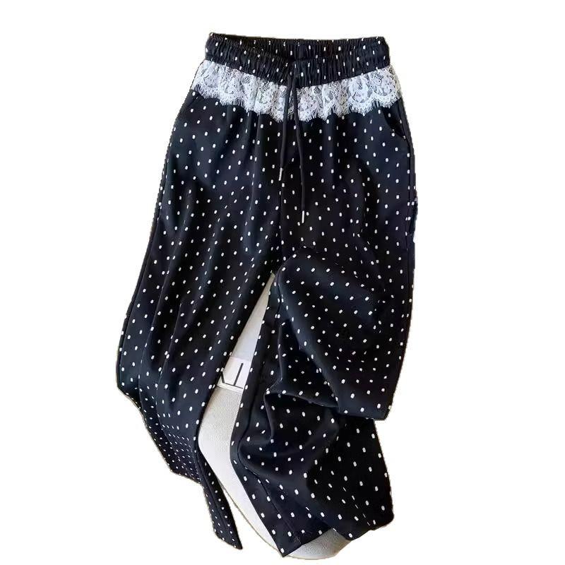 145 Petite Polka Dot High Waist Slimming Wide Leg Lace Trim Drawstring Pants for Women - Spring/Autumn Casual