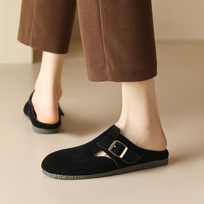 Fashion 2025 New Summer Women Mules Cow Suede Leather Women Shoes Round Toe Cover Toe Slip-on Women Sandals Retro Modern Slippers