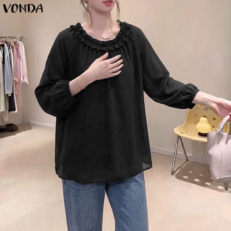 VONDA Women's Tops Casual Ruffle Neck Long Sleeve Pleated Layers Blouse