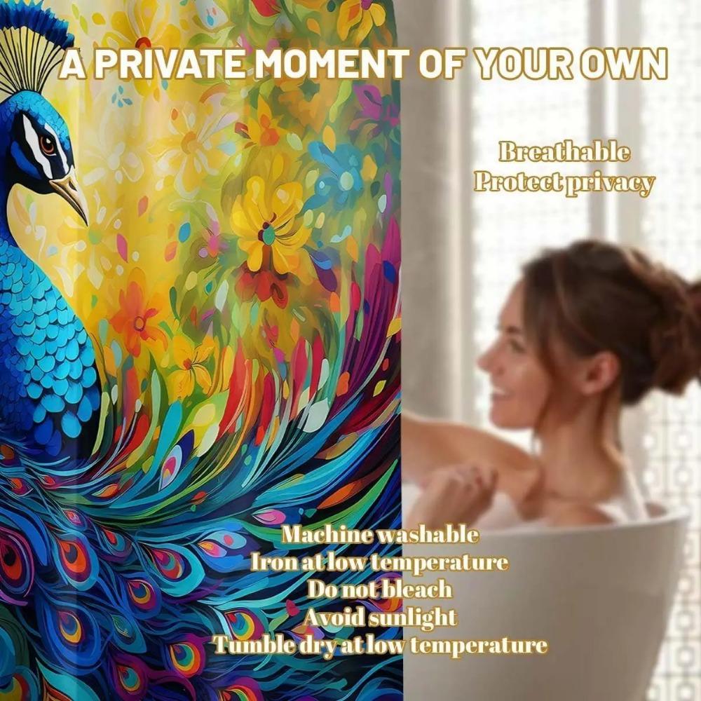 Peacock Printed Shower Curtain Blue Bird Watercolor Feather Floral Art For Bathroom Decor