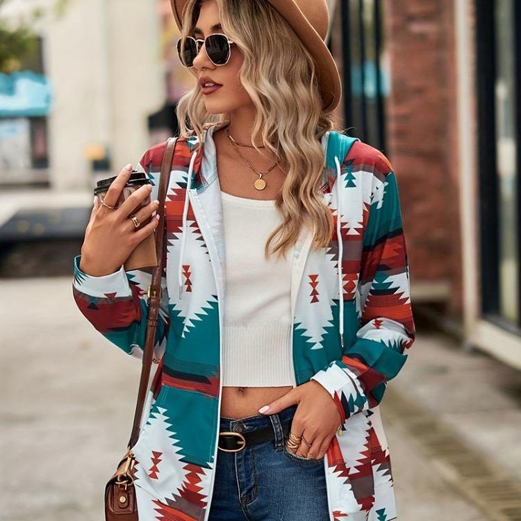 Γυναικεία Φούτερ Μακρυμάνικο Φούτερ Γεωμετρικό Σχέδιο Φερμουάρ Μπλούζα με Κουκούλα Φθινόπωρο