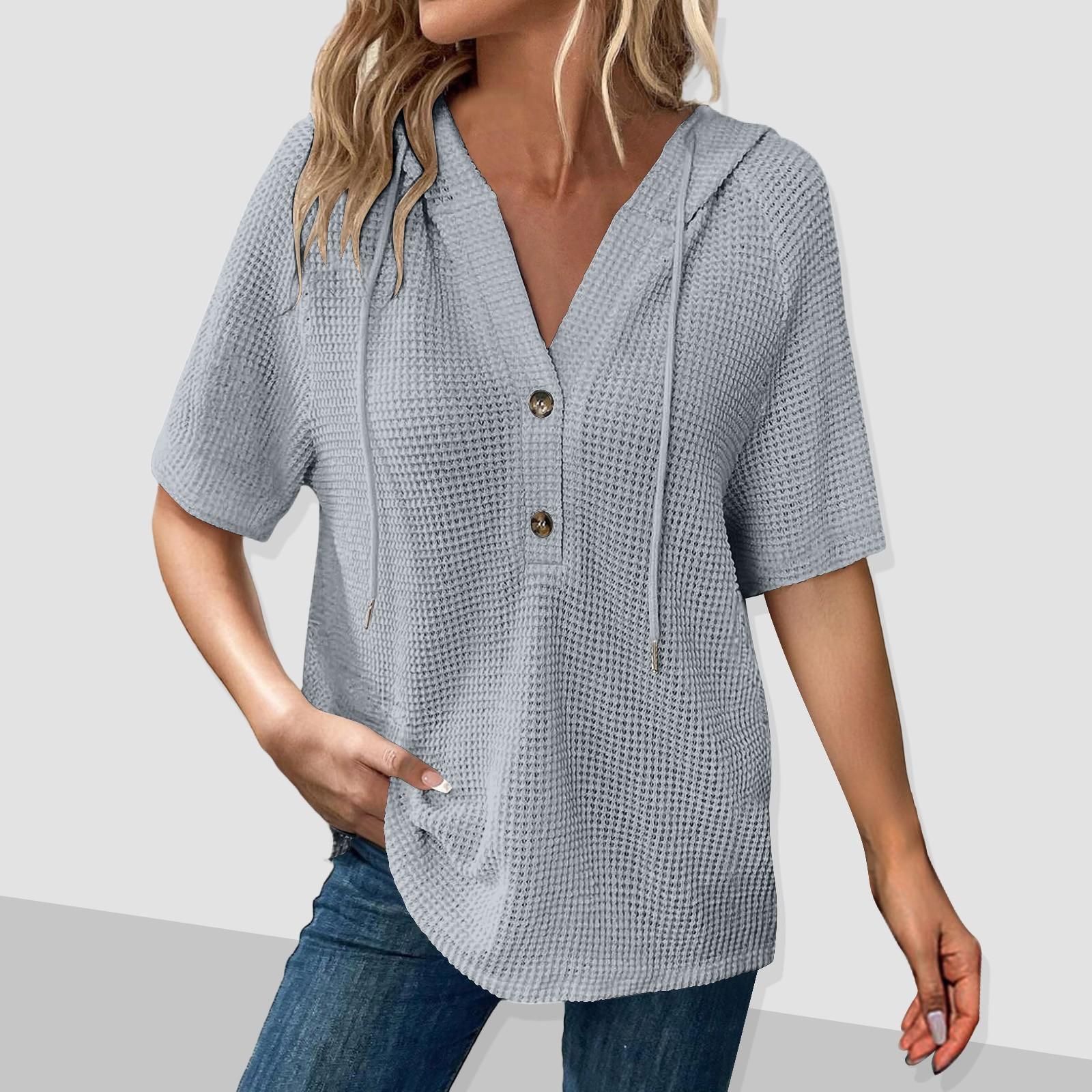 

Женская мода с коротким рукавом и капюшоном на пуговицах с V-образным вырезом, повседневная толстовка с капюшоном XXXL светло-серый