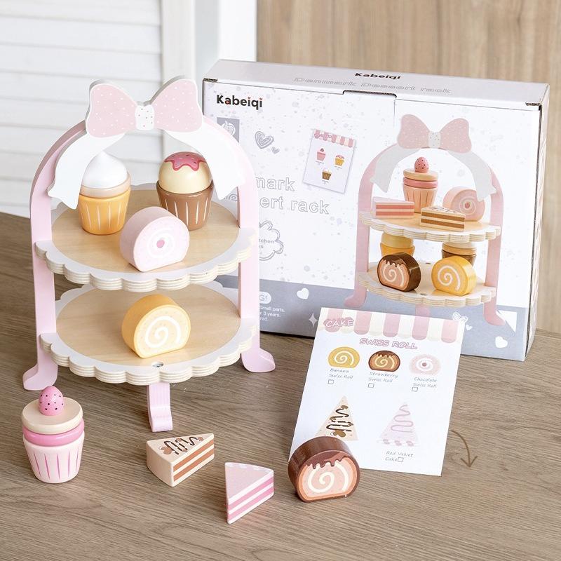 Wooden Simulation Afternoon Tea Cake Dessert Rack Set Children'S Play House Parent-Child Interactive Kitchen Toys