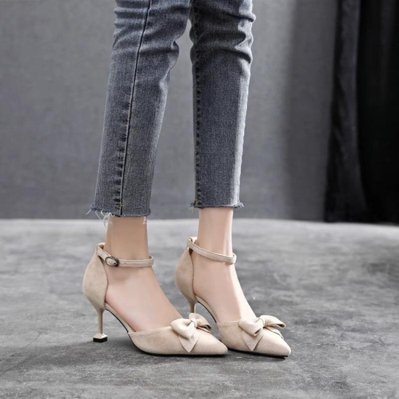

High-heeled sandals niche design sense bow one-word buckle high-heeled shoes fairy fairy single shoes summer new 41 бежевий