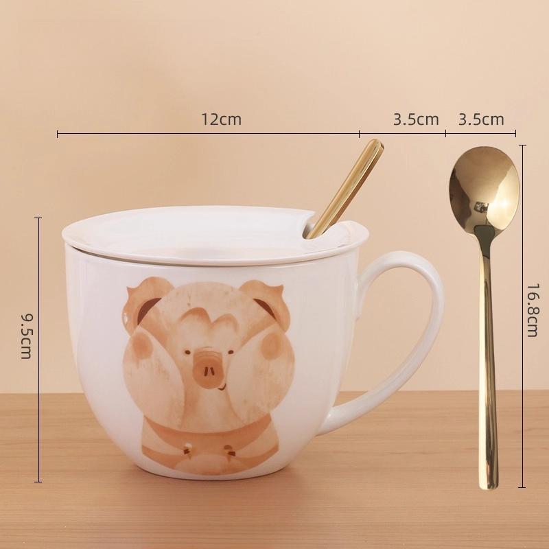 600ml Velkokapacitní keramický hrnek slon s víčkem a lžičkou – Roztomilý zvířecí design Snídaňová miska, Miska na ovesnou kaši, Šálek na kávu