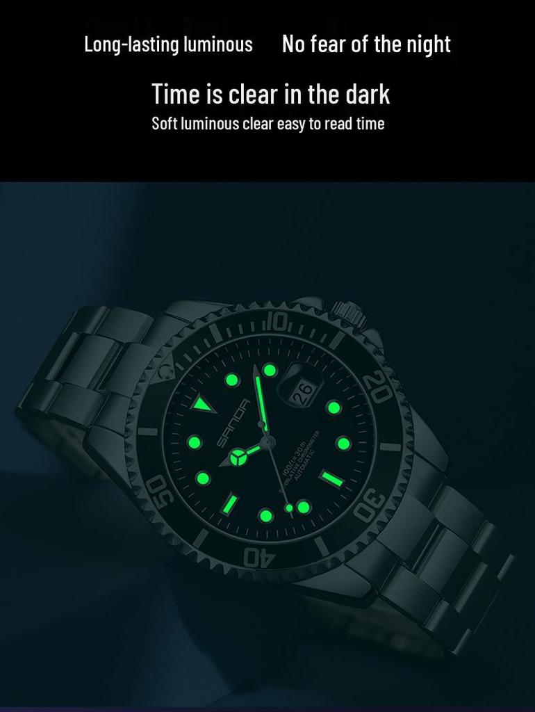 Sanda 7036 Men's Green Water Ghost Automatic Waterproof Steel Wristwatch