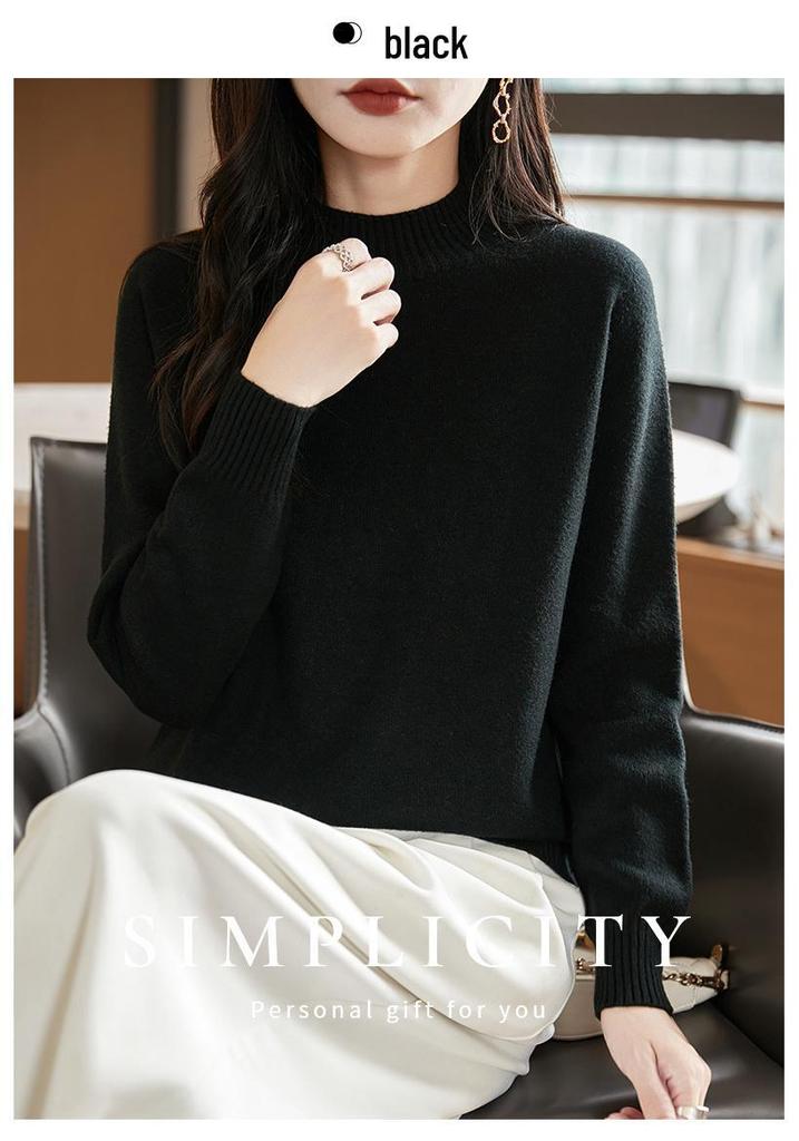 Women's Autumn/Winter Half-High Neck Thick Knit Pullover - Versatile, Loose, Slimming Solid Color Base Layer