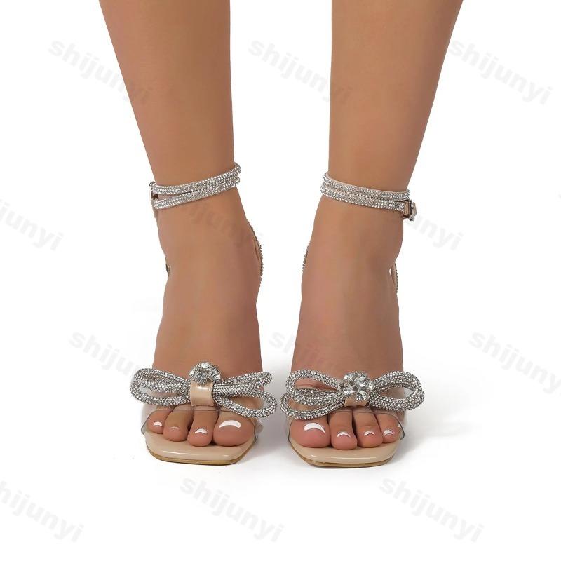 Fashion 2024 New Summer Comfortable Versatile Sandals Casual Back Strap Bow Rhinestone Stiletto Women's Shoes Zapatillas Mujer