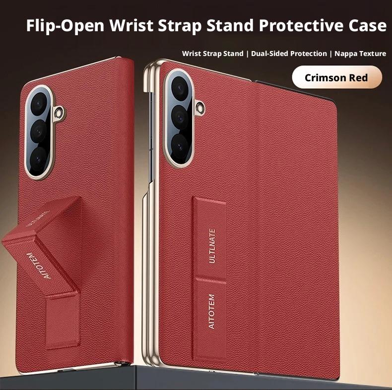 

For Samsung Galaxy Z Fold 7 Nappa PU Leather Case Dual Hinge Camera Protection Hand Strap Finger Grip Strap Holder Flip Cover Artificial leather&Galaxy Z Fold7