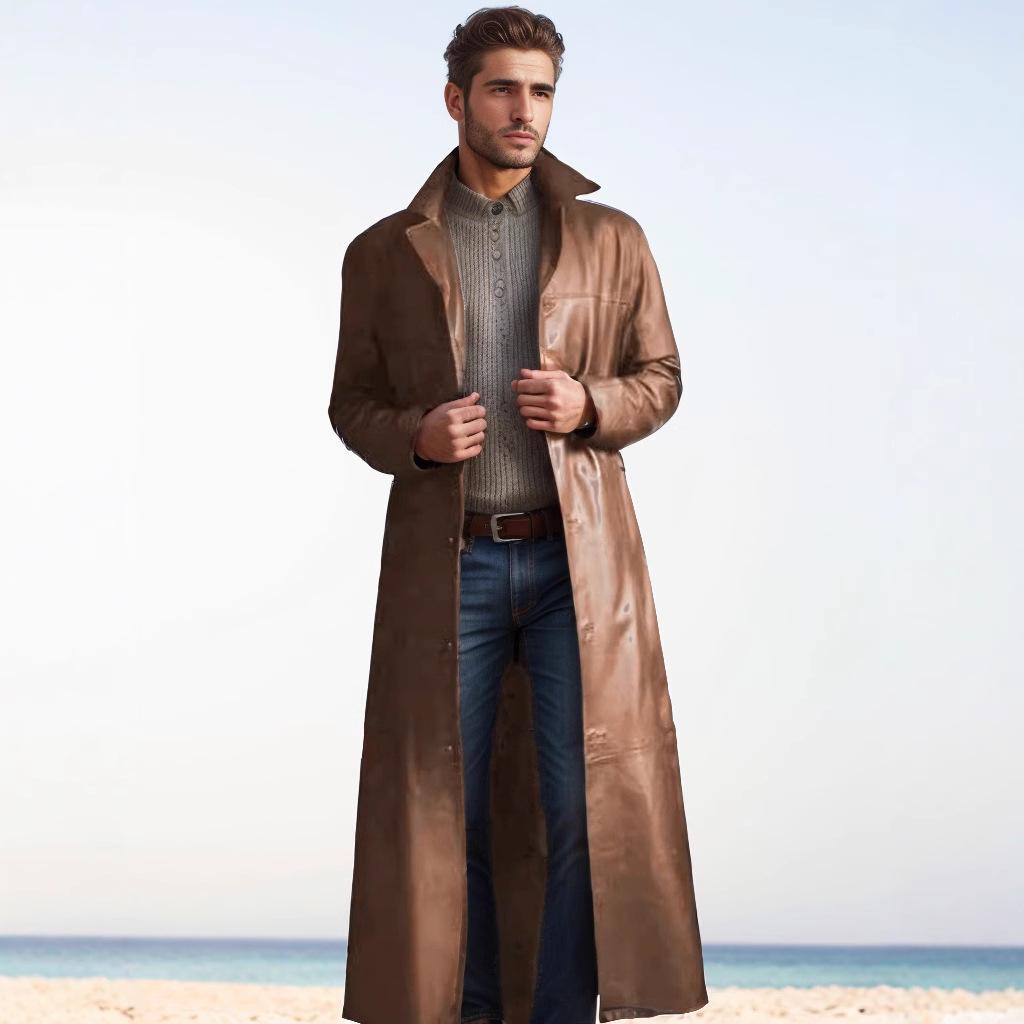 Stilvoller langer Herren-Trenchcoat aus PU-Leder Slim Fit