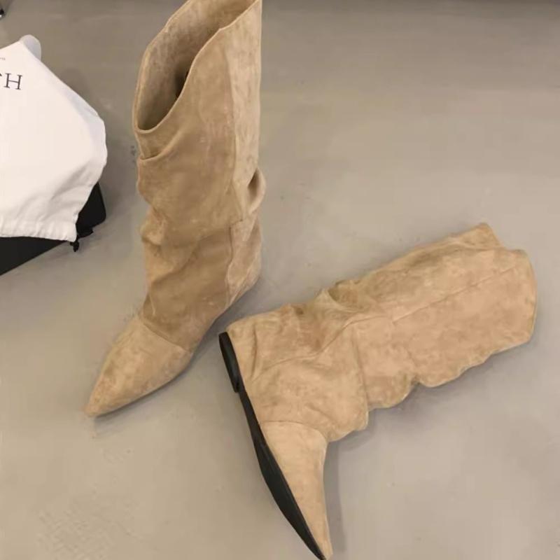 Women Flats High Boots Suede Casual Winter Shoes 2025 Trend New Knee High Chelsea Snow Boots Pleated Botas Woman Zapatos