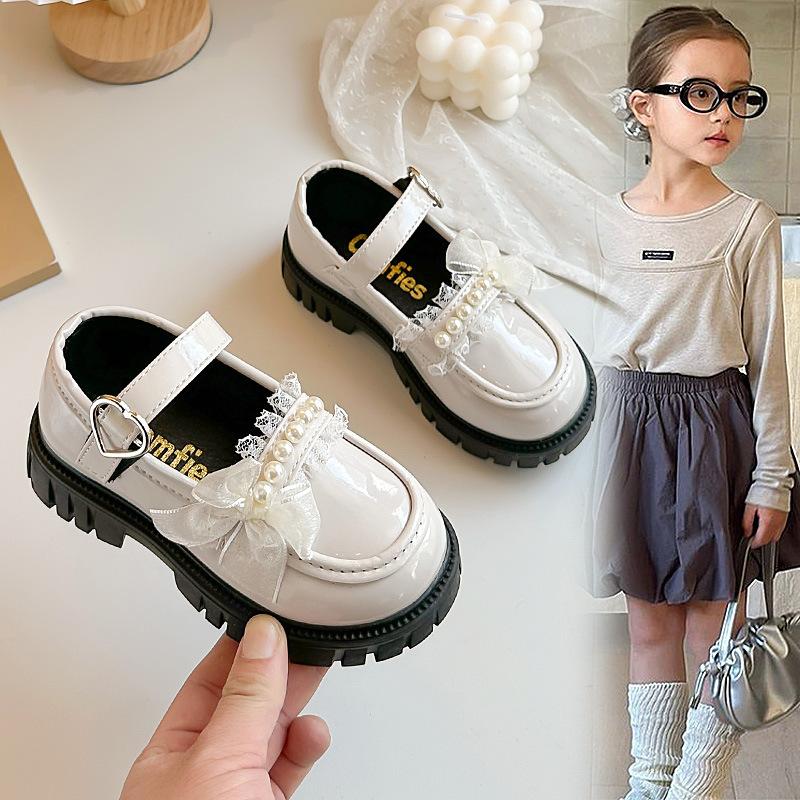 Girls' Pearl Lace Bow Princess Little Leather Shoes2026Spring and summer children's solid color performance shoes for older kids