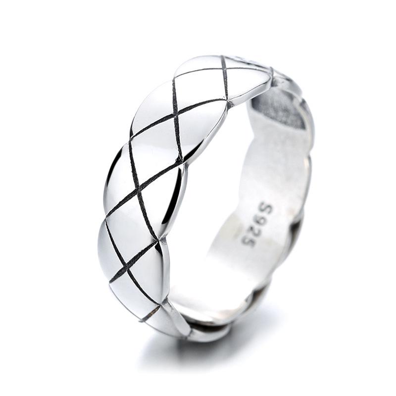 Anello da uomo regolabile in argento sterling S925 con motivo a rombi retrò