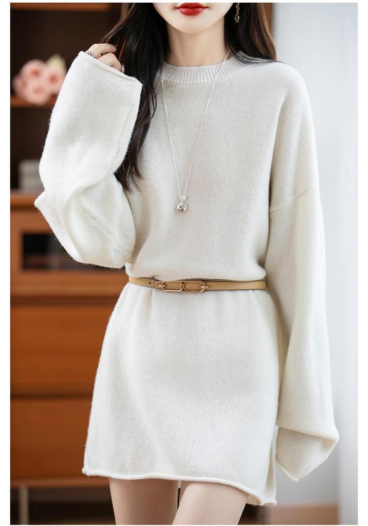 Women's Pure Wool Loose Knit Dress - Autumn & Winter, Round Neck, Solid Color, Plus Size, Medium Long, Korean Style.