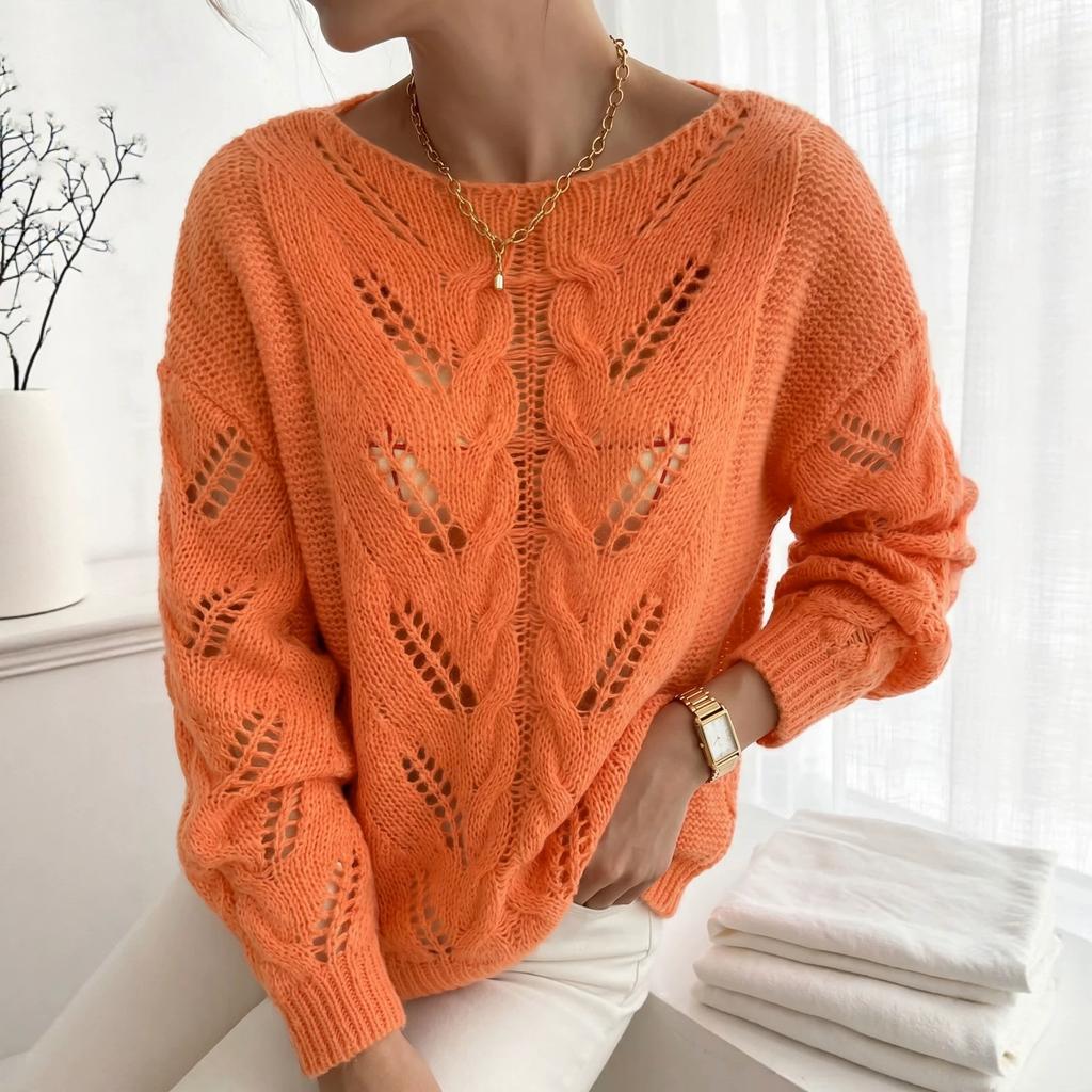 Women's Crew Neck Knitwear, Long Sleeve, Loose Fit for Fall and Winter