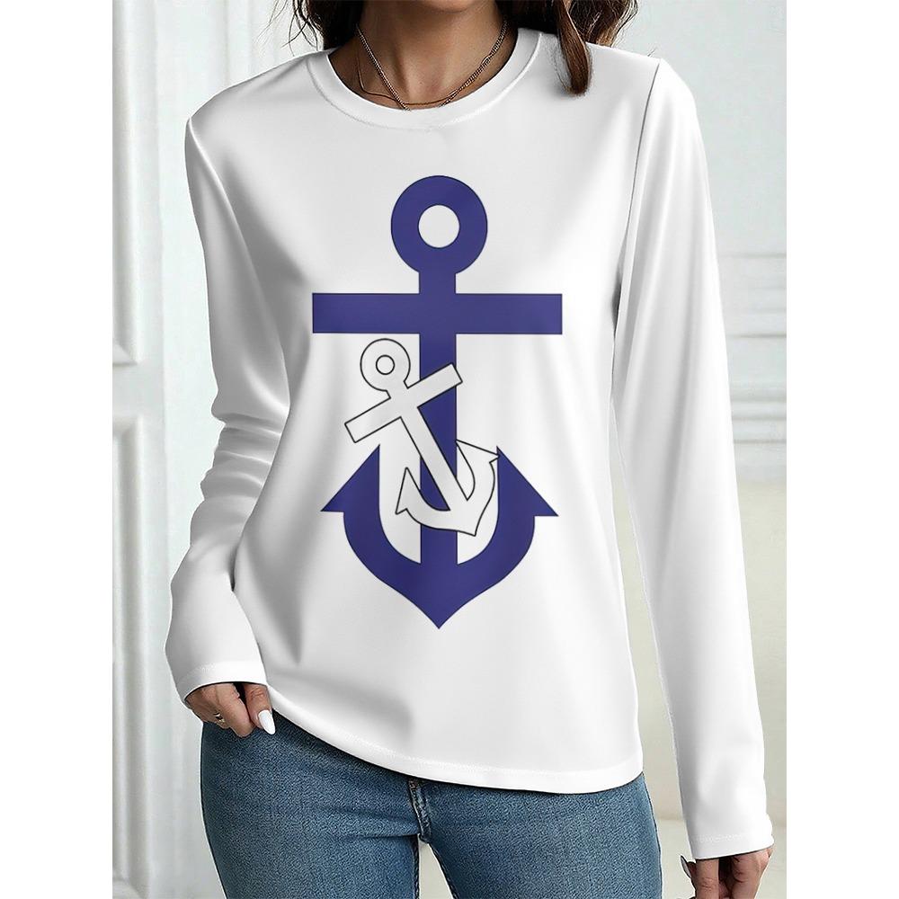 Damen T-Shirt Outdoor Freizeit Langarm Gestreift Anker Muster 3D Druck Oberteile Straße Rundhals Herbst Übergroß Kleidung