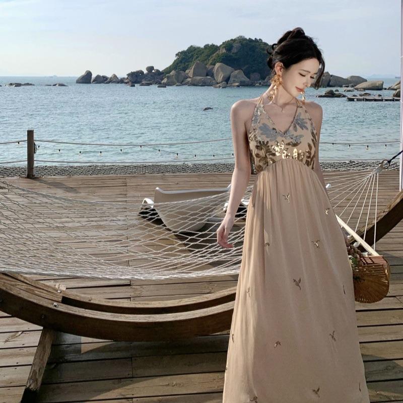 

Bead Embroidery Pinch Pleated Neck Strap Holiday Dress Seaside Photo Backless Splicing Sequined Suspender Long Dress Women S хаки