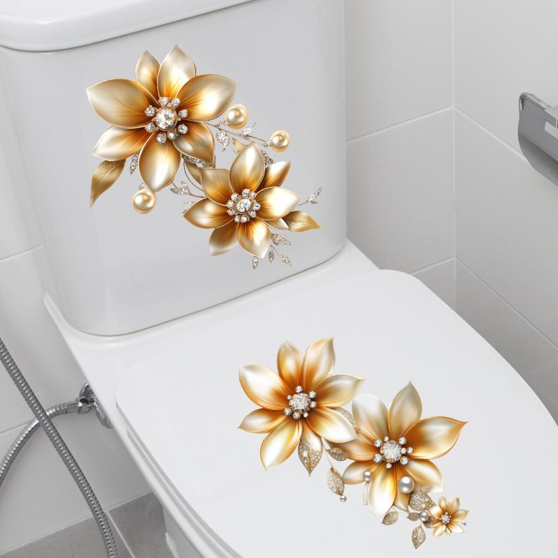 

Creative Light Luxury Gold Flower Waterproof Toilt Sticker Bathroom Wall Background Decal Home Decoration Self-Adhesive Sticker ONESIZE