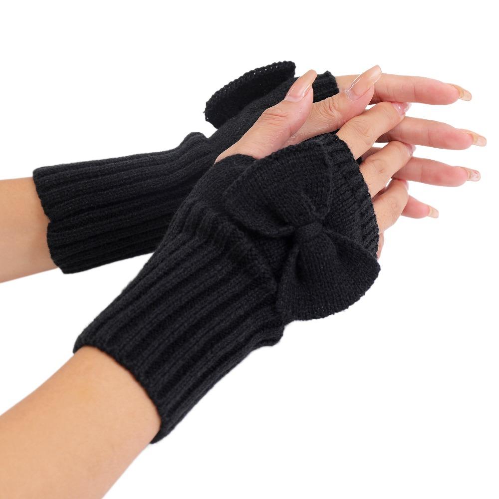 Thick Warm Bowknot Knitted Gloves Soft Half Finger Gloves Cute Arm Warmers  Women Girls